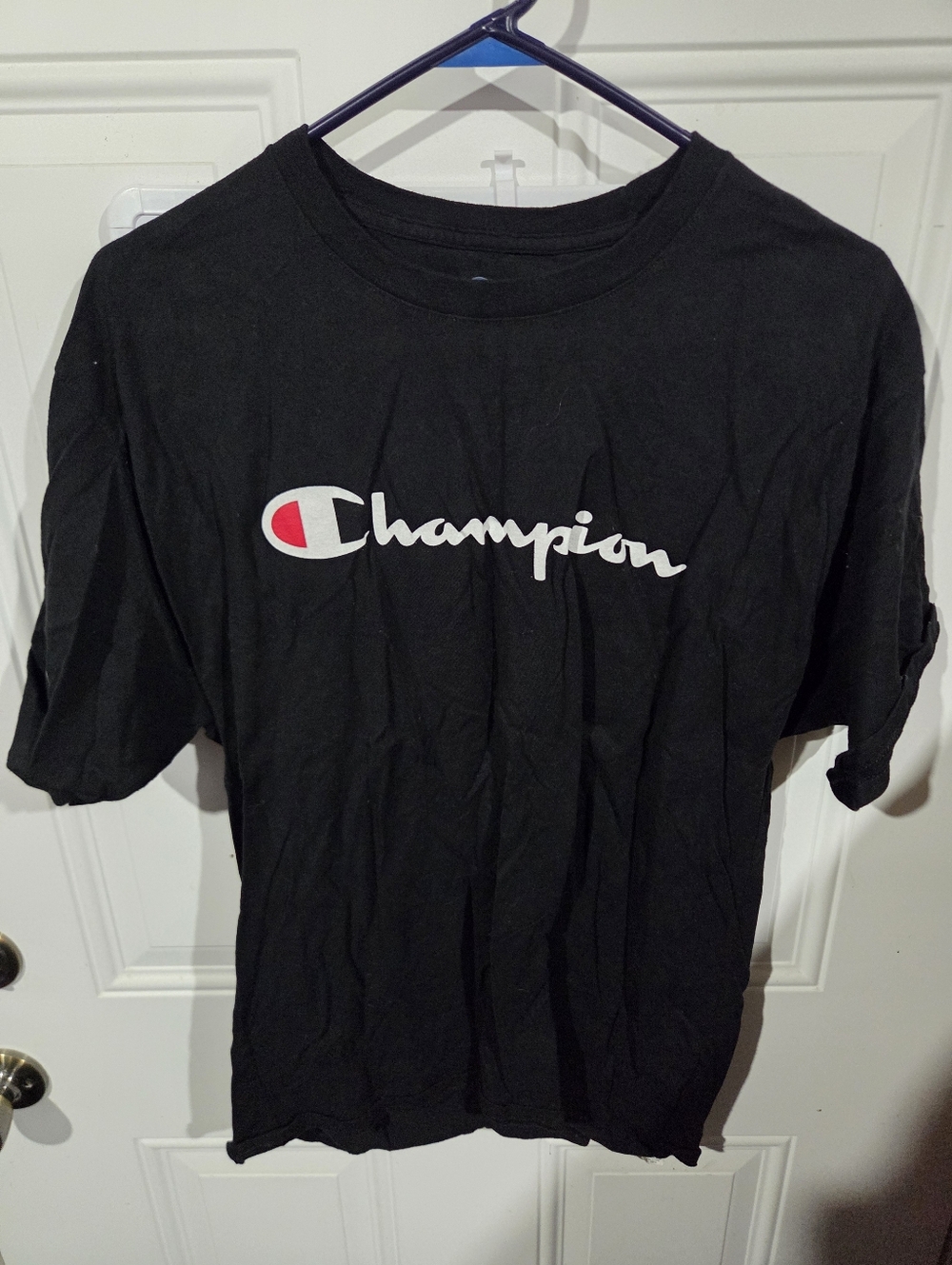 Champion Black Short Sleeve Tee with White Script and Red Logo